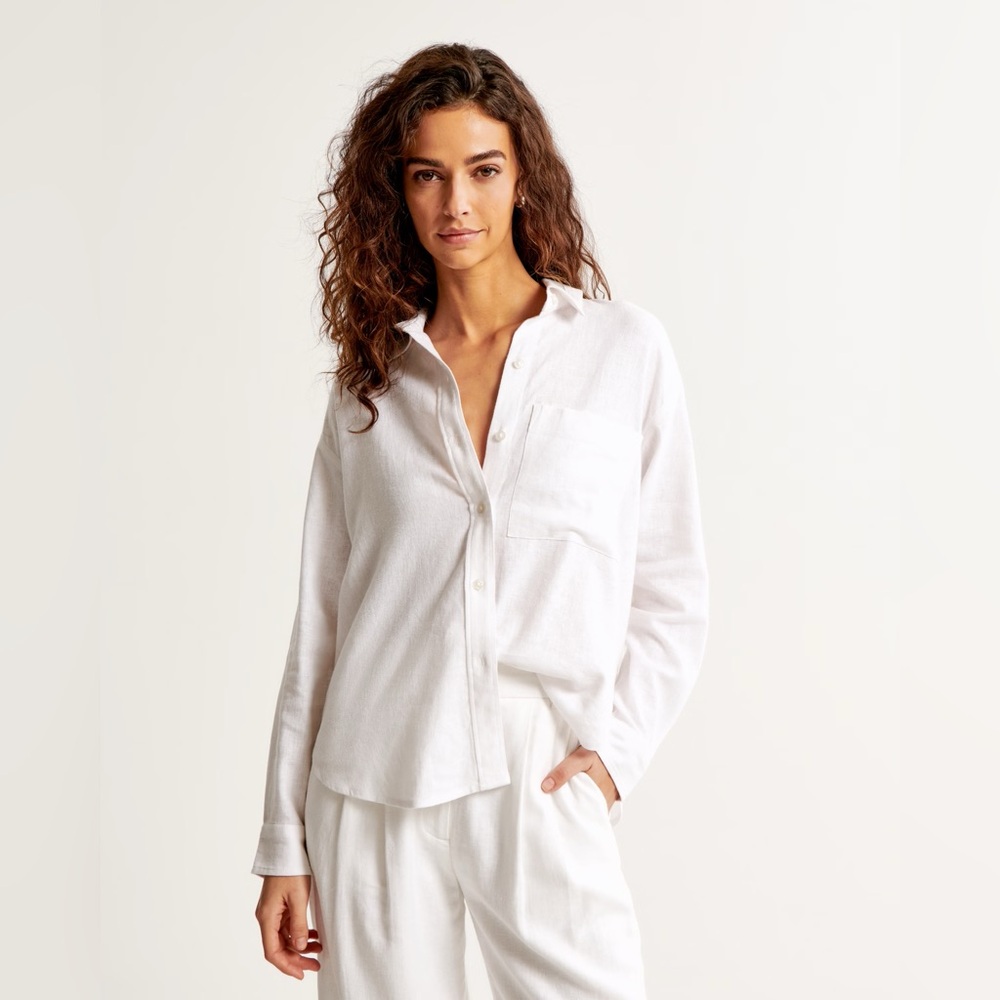 Abercrombie & Fitch Oversized Linen-Blend Step Hem Shirt White Women’s Size XS